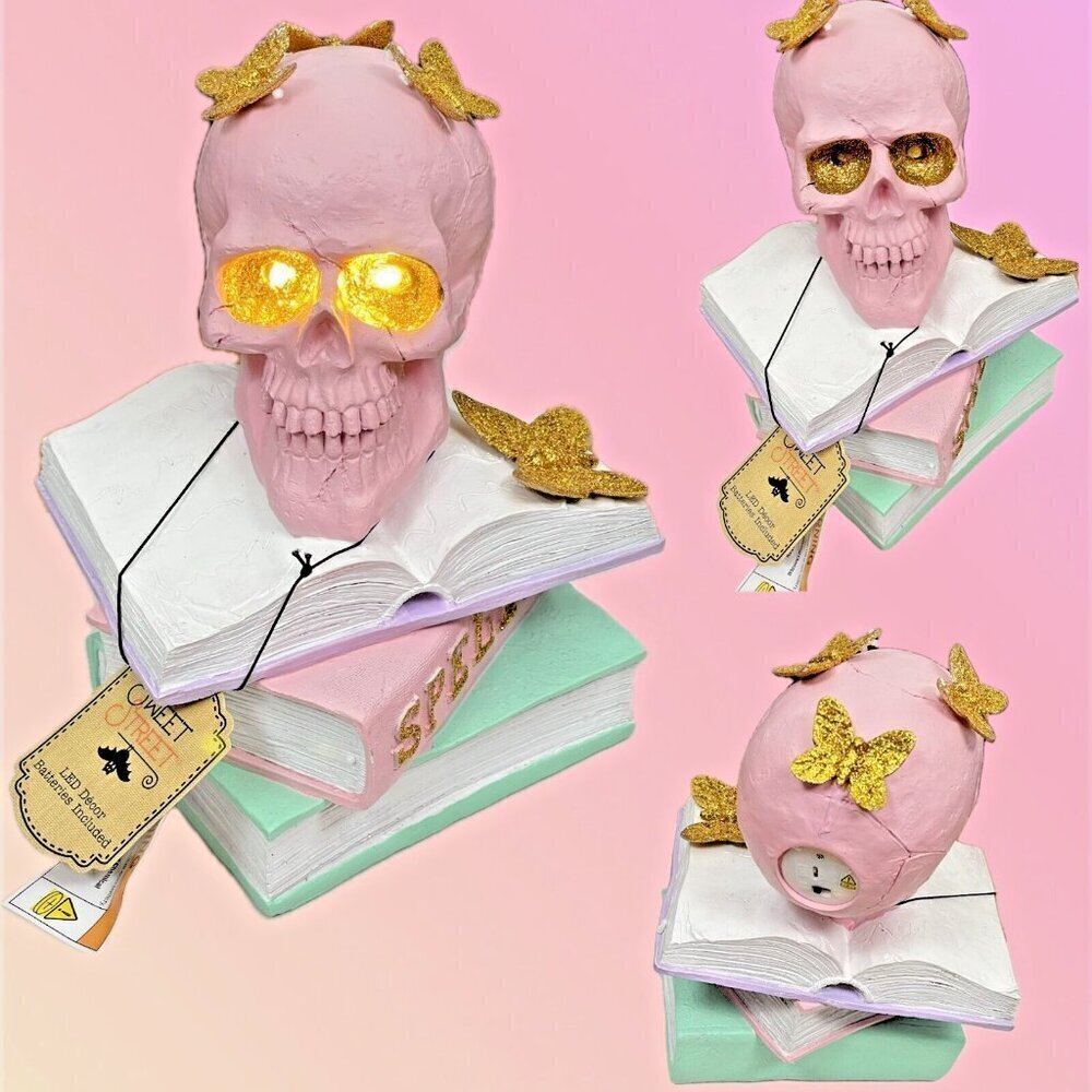 Sweet Street Pink Skull Gold Glitter Butterflies on Spell Books Led Light Statue
